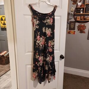 90s Ronni Nicole by Ouida 14 Floral Cowl Neck Handkerchief Hem Midi Dress Black